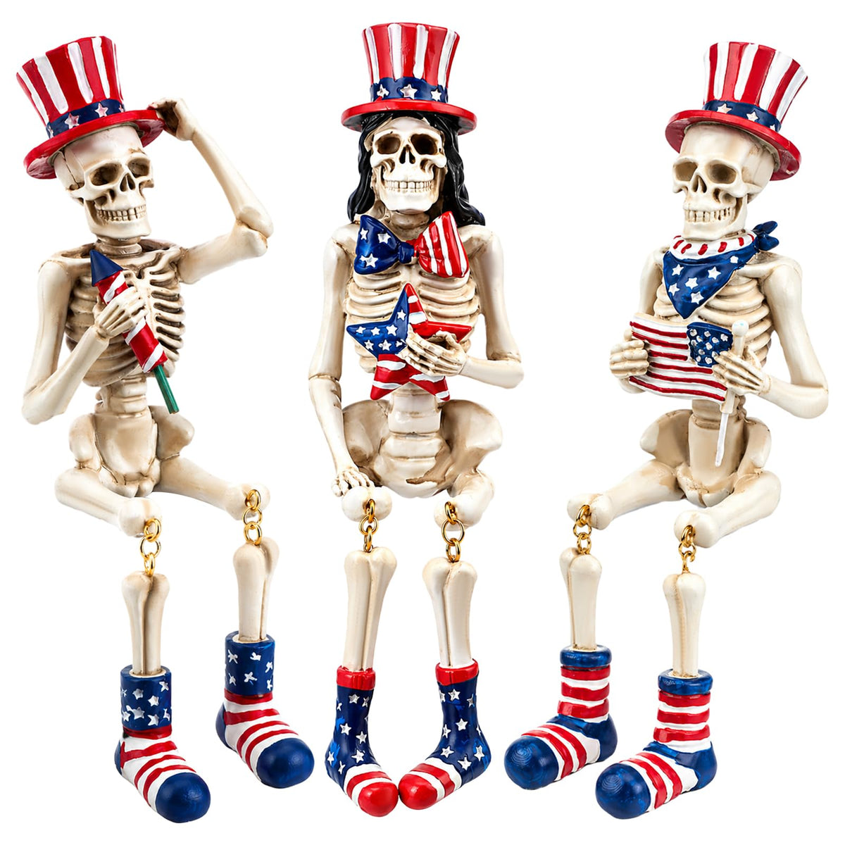 Soulchen 3 Pcs 4th of July Decorations Patriotic Skeleton Table Decor Skeleton Figurines Blue Red White American Flag Tabletop Decor for 250th Independence Day, Home Office Indoor Outdoor Party