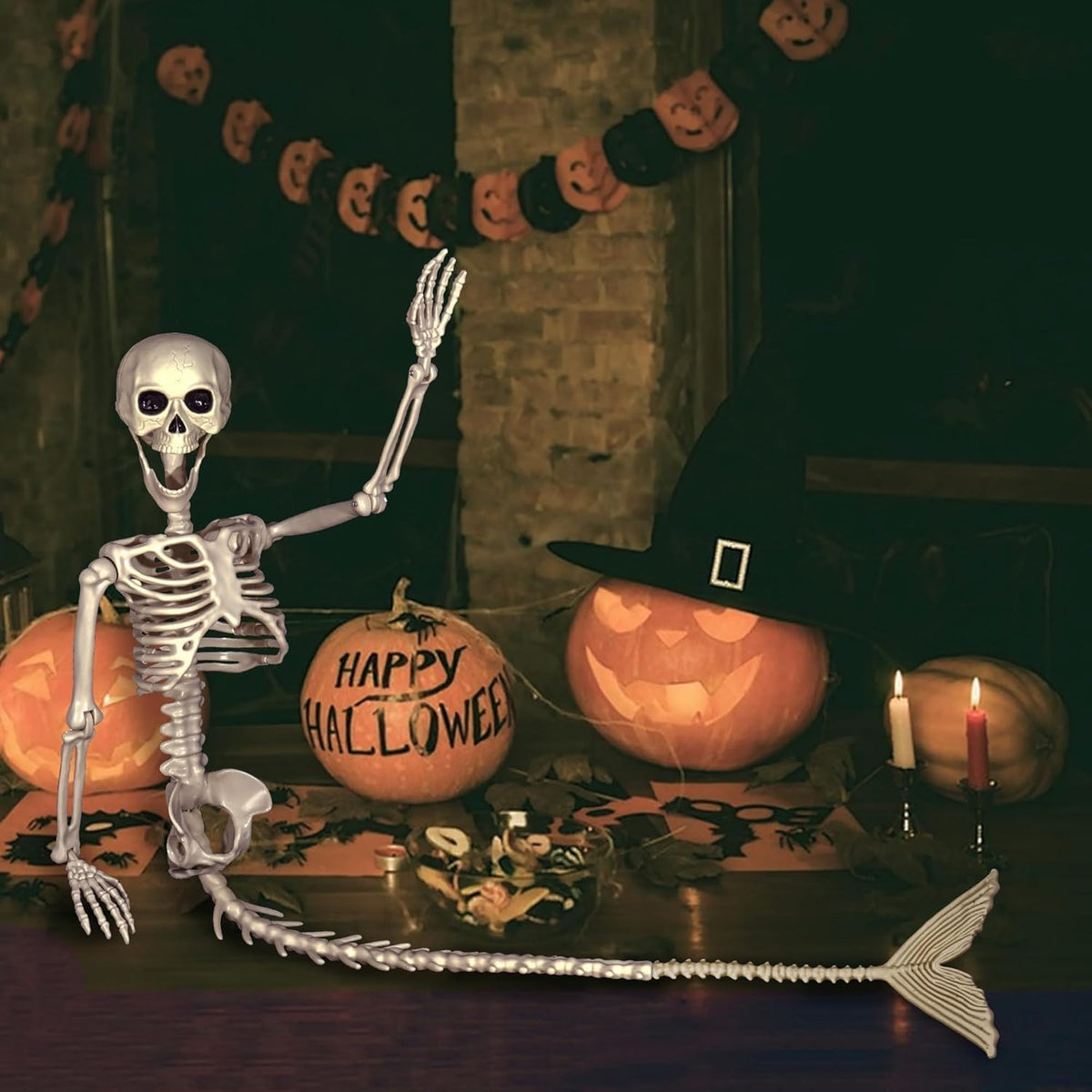 BEABOO 1 Pack 52 Inches Mermaid Halloween Skeleton Pose-N-Stay Posable Movable Joints Hanging for Halloween Decoration Decor Spooky Scene Party Favors