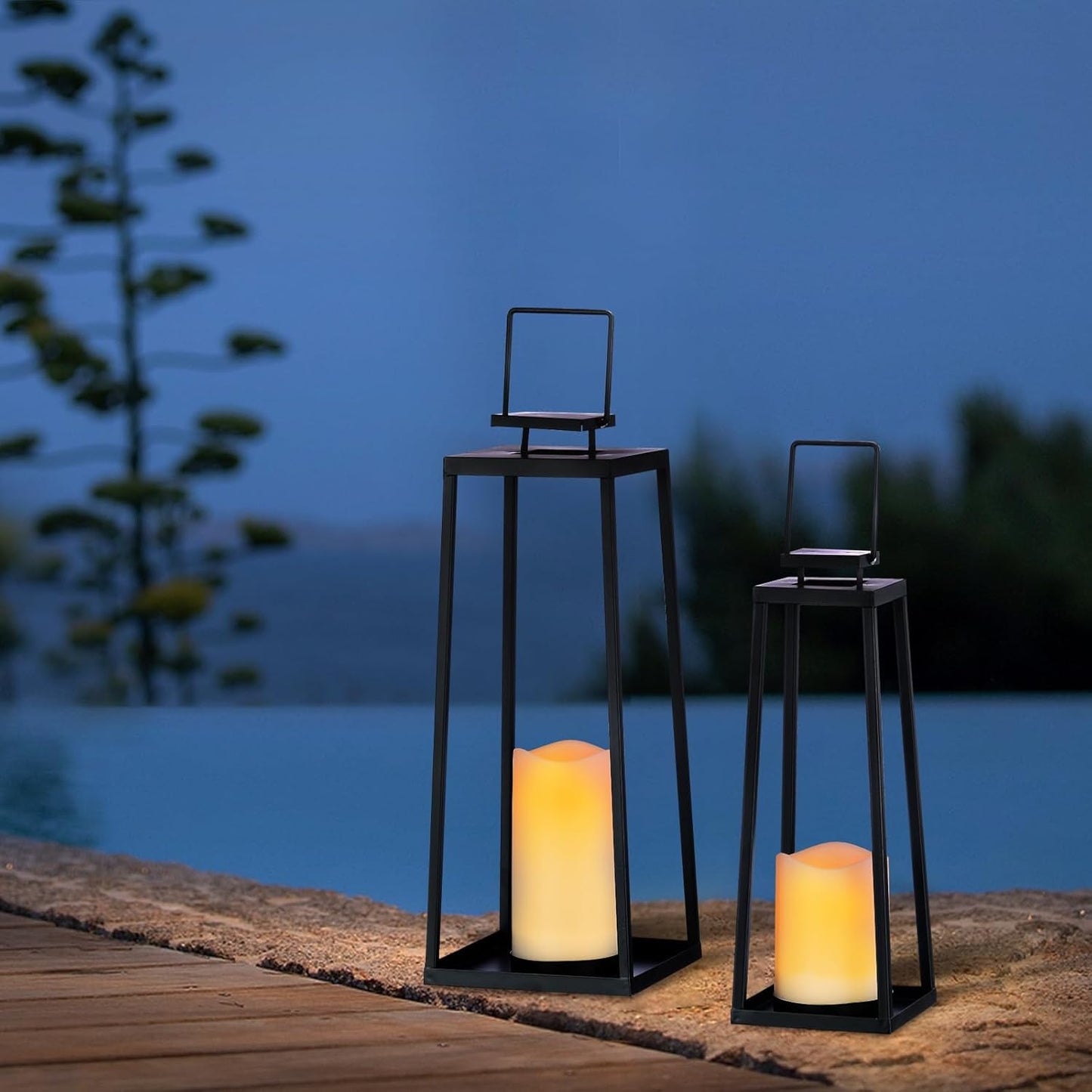 Skiennix Solar Lantern Set of 2 - Modern Black Metal Lanterns with Solar Candles for Outdoor Decor | 18” & 15”