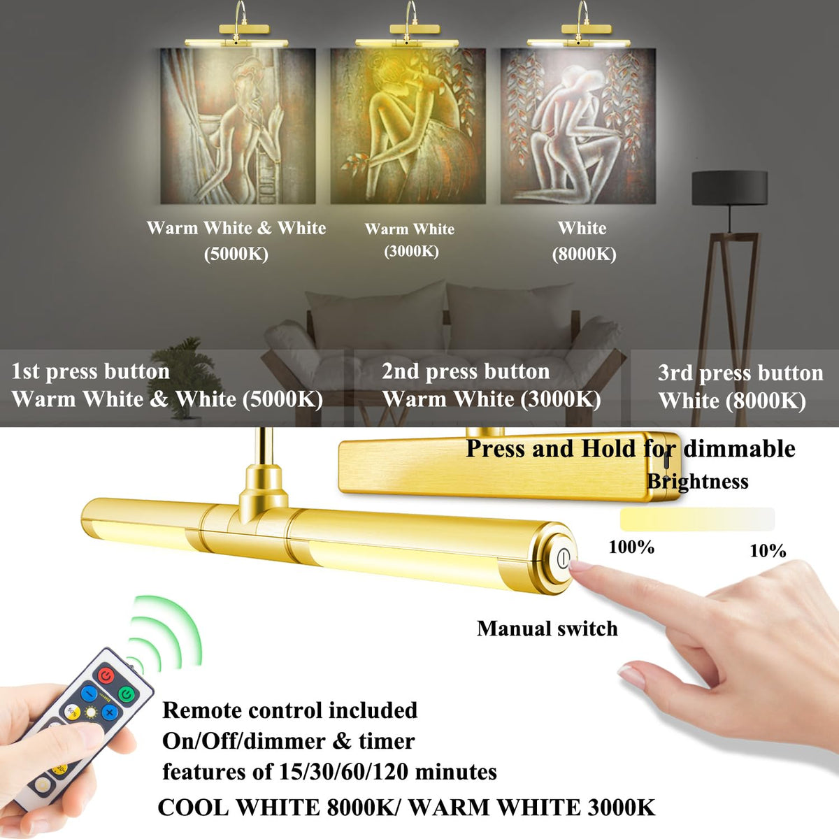 BIGMONAT Wireless Picture Light for Paintings, Dimmable Dartboard Light with Remote and Timer, Rechargeable Battery Operated Display Lamp for Wall Artwork Portrait Photo Gallery Mirror