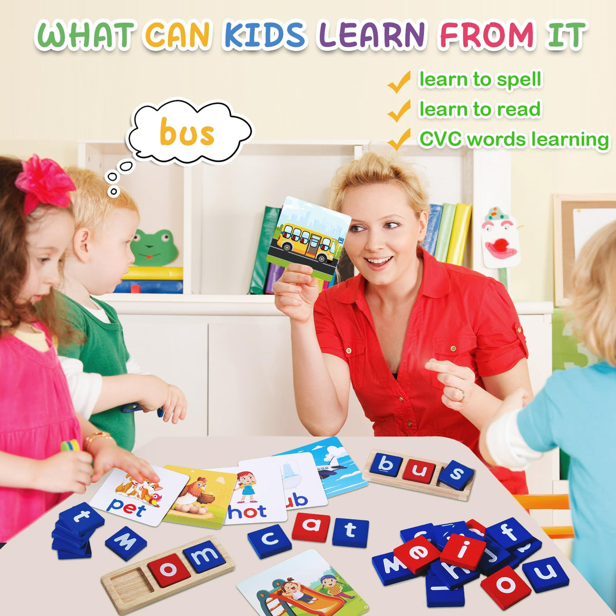 CVC Word Educational Toy Spelling Games, Preschool Toddler Learning Activities, Montessori Learning Toys Gifts for 3 4 5 6 Years Old Kids, 60 Sight Words Flash Cards Alphabet Puzzle for Toddlers