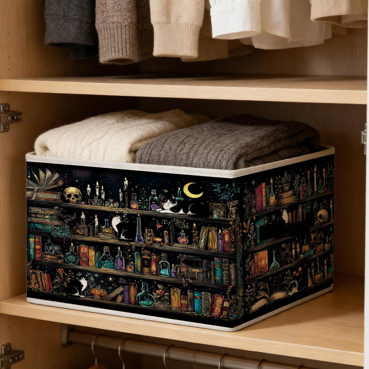 LRWHDFW Dark Gothic Book Storage Bins, Dark Academia Witchy Bookshelf Tuxedo Cat Foldable Closet Organizers Storage Basket Toybox for Reading Room Library Bedroom Bathroom Home Clothes Toys Books