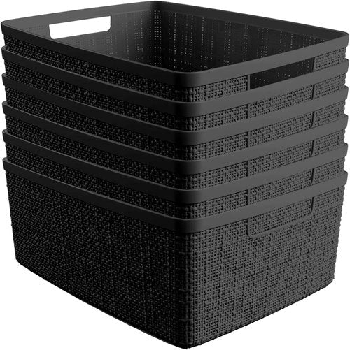 Curver Jute Decorative Storage Baskets - Set of 6 Medium 12L Bins for Home, Office & Pantry | Black