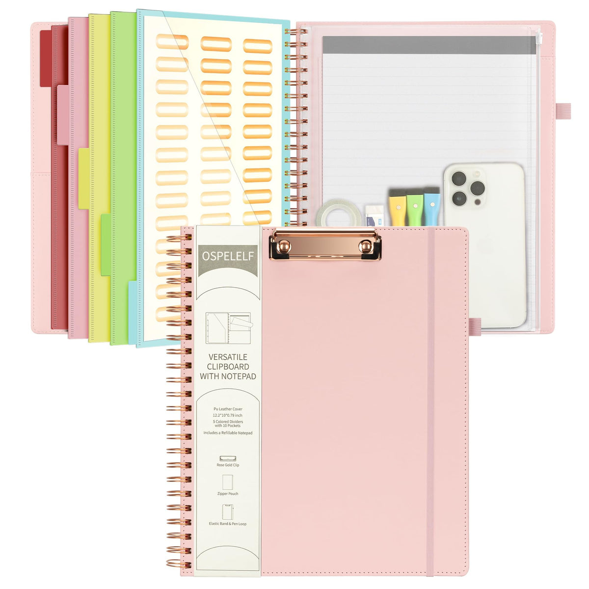 Ospelelf Leather Clipboard Folio with Notepad for Letter Size, Spiral Clipboard Folder with Storage Zipper Pouch, 5 Folders with 10 Pockets, 39 Divider Label Stickers, Pen Loop Series (Pink)