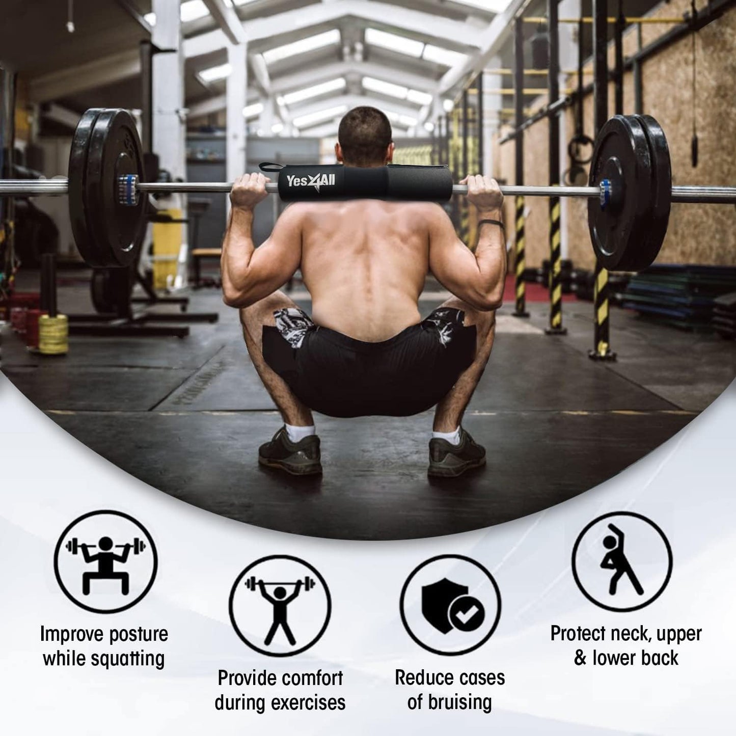 Yes4All Ergonomic Foam Bar Pad - Olympic Barbell Squat Pad - Neck Pad for Squats, Hip Thrusts - Weight Lifting Bar Pad