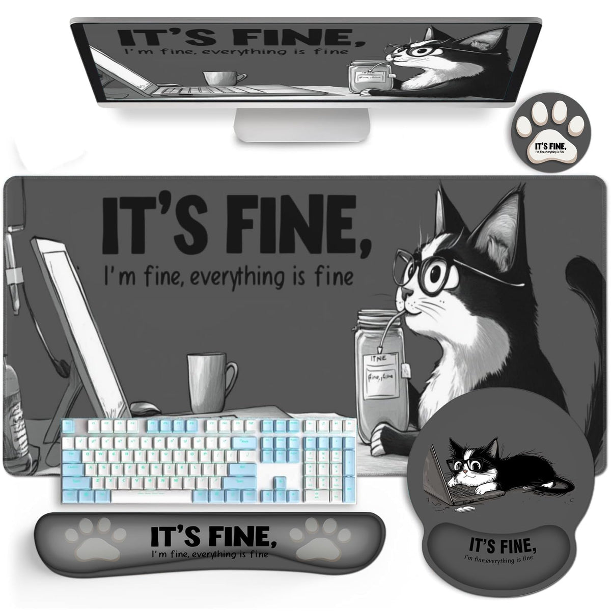AQQA Funny Keyboard Mouse Pad Set,XXL Mouse Mat+Keyboard Wrist Rest Support, Cat Ergonomic Mouse Pad with Wrist Rest, 4 Pcs Cute Office Desk Accessories,35.4×15.7 in