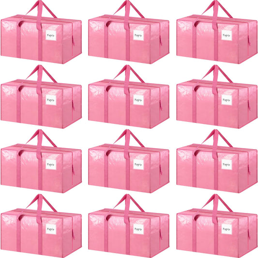 12 Pack Extra Heavy Duty Large Moving Bags with Strong Zipper & Comfortable Handles, Sturdy & Durable Clothes Storage Bags Totes Bins, Packing Moving Boxes for College Supplies, Pink