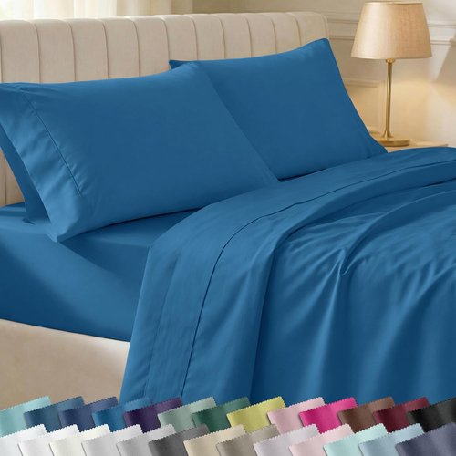 California Design Den Queen Cotton Sheet Set - Silky Smooth 400 TC Sateen Weave with Deep Pockets - Cobalt Blue