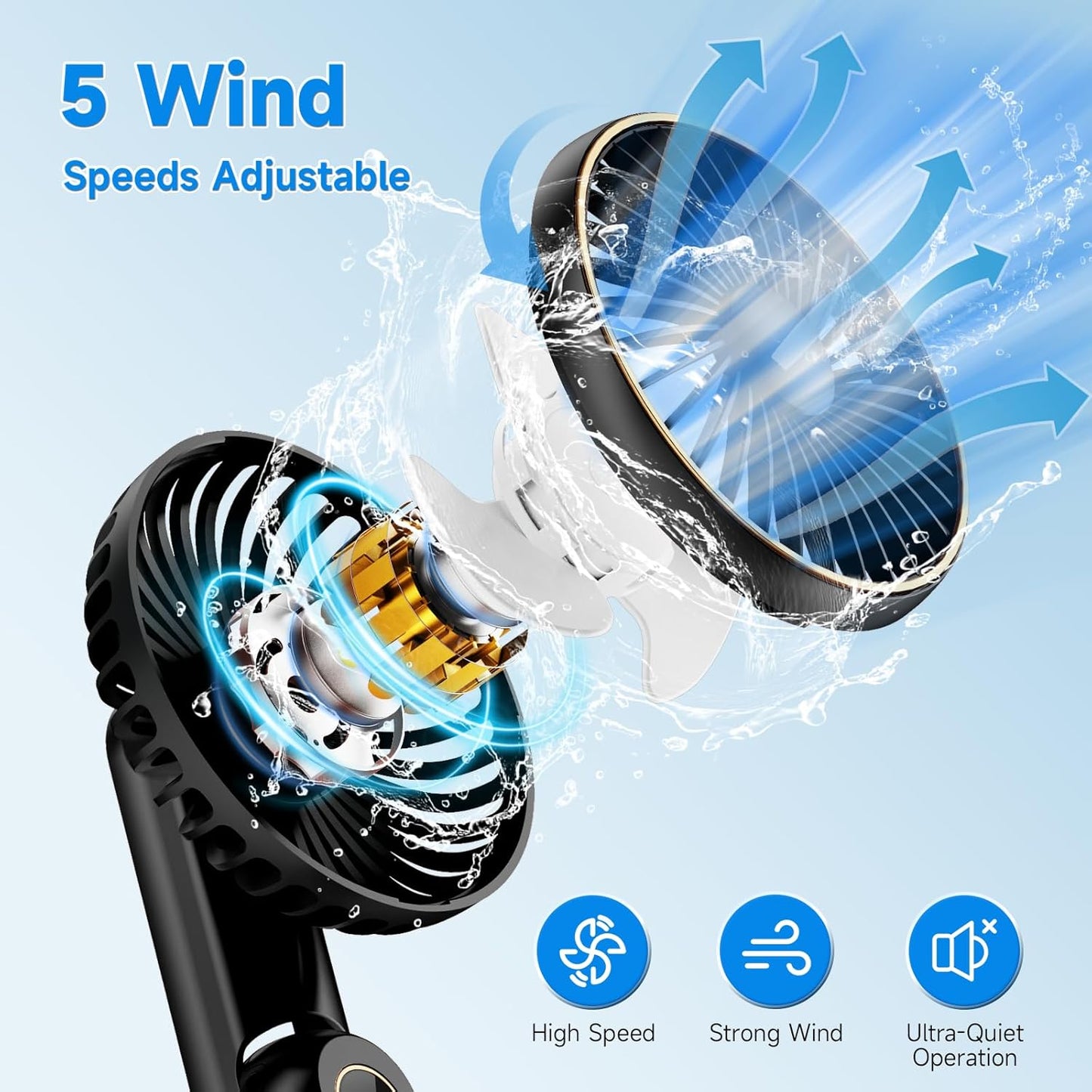 Skiennix Portable Handheld Fan - USB Rechargeable Mini Fan with 180° Foldable Design | 5 Speed Settings, LED Display, Black - Perfect for Travel & Outdoor Use