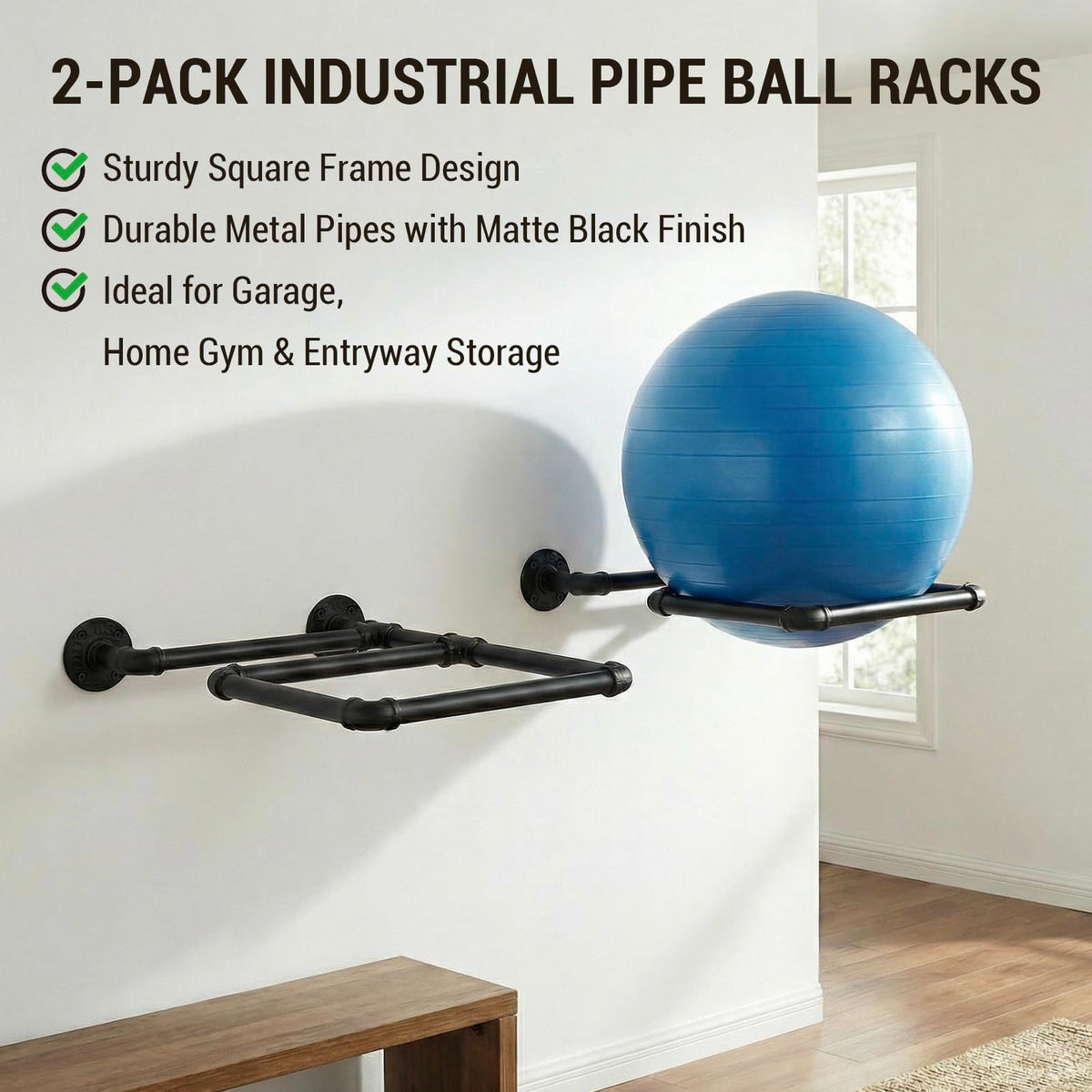 MyGift Set of 2 Yoga Ball Storage Wall Mount, Black Metal Pipe Racks for Exercise Ball Holder, Ball Storage for Home Gym or Studio