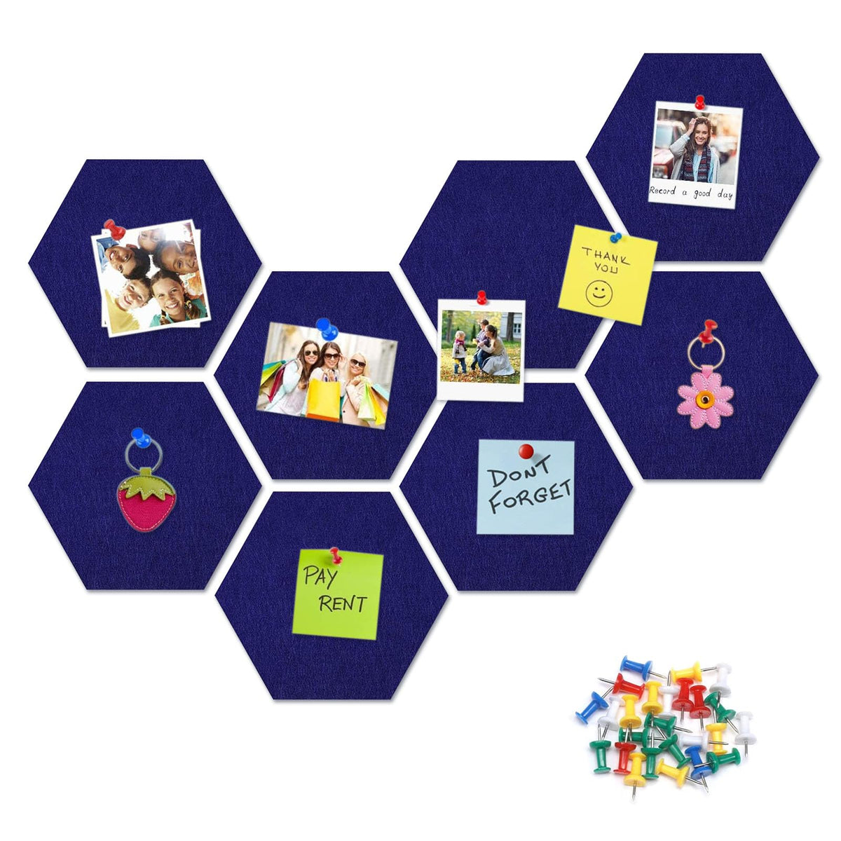 8 Packs Royal Blue Hexagon Felt Pin Board, 12" Bulletin Board with 30 Push Pins, Felt Board for Home Kitchen Office Decor, Self-Adhesive Corkboard Tiles for Walls Message Photos Memos Display