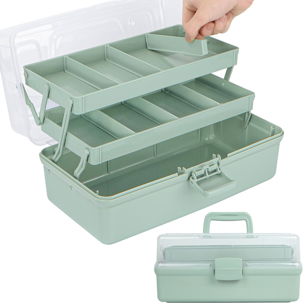 TERGOO 12.5in 3-Layer Multipurpose Craft Organizers and Storage with Adjustable Dividers, Portable Tackle Box, Folding Art & Craft Case for Medicine, Tool, Sewing Organizer (Haze Green)