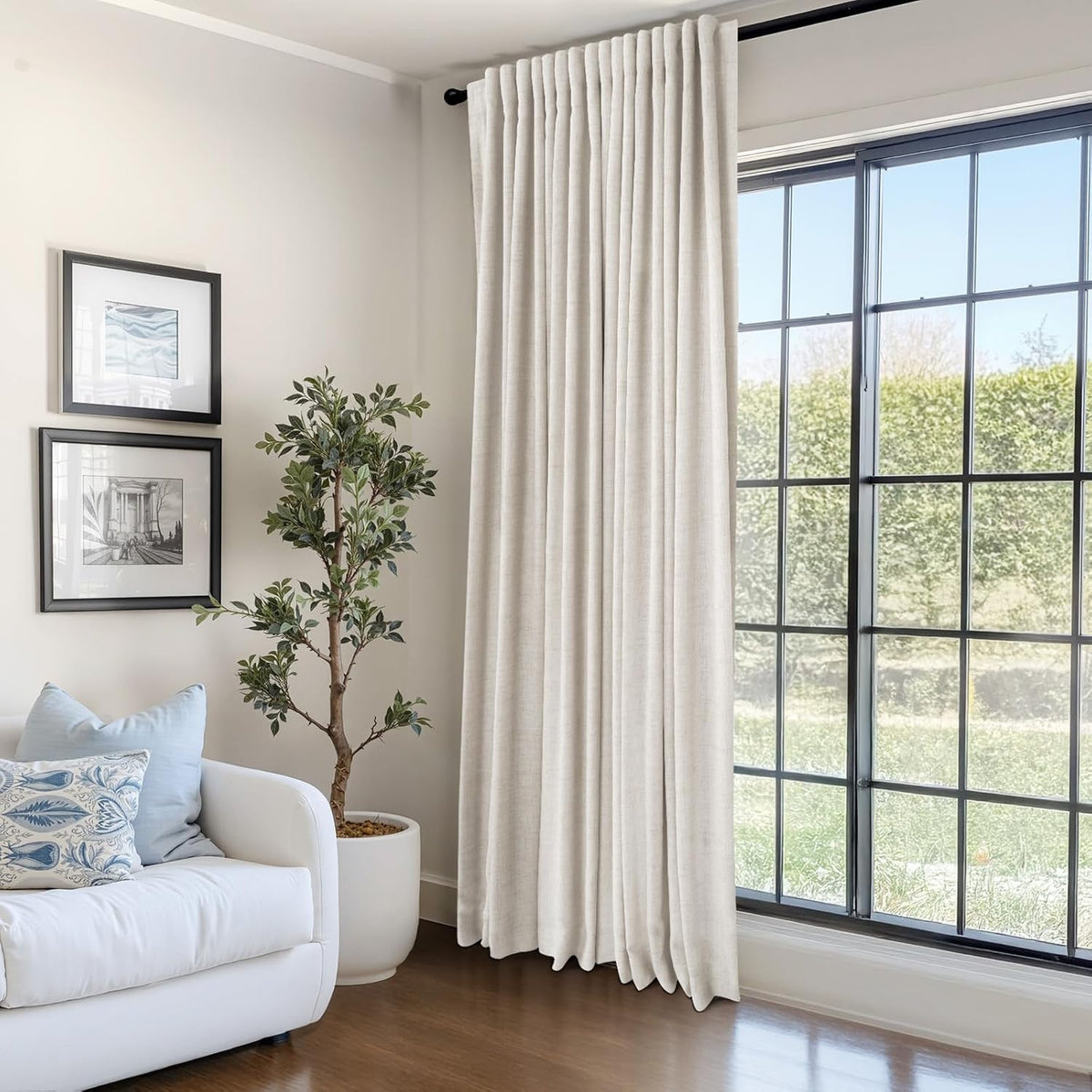 Skiennix 100% Blackout Linen Curtains - Thermal Insulated Drapes for Bedroom | 100" W x 96" L, Cream