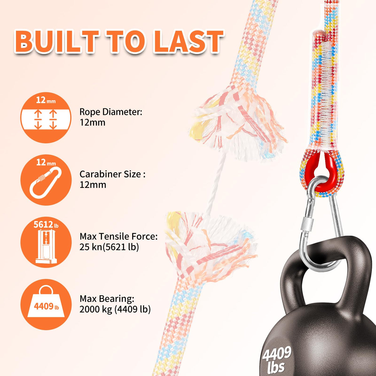Werfeito Tree Swing Ropes (Set of 2), 5FT/10FT/15FT/20FT, Tree Swing Straps Hanging Kit Holds 4400 lbs, Heavy Duty Carabiners for All Swing Hammock Playground Set Accessories (15FT)