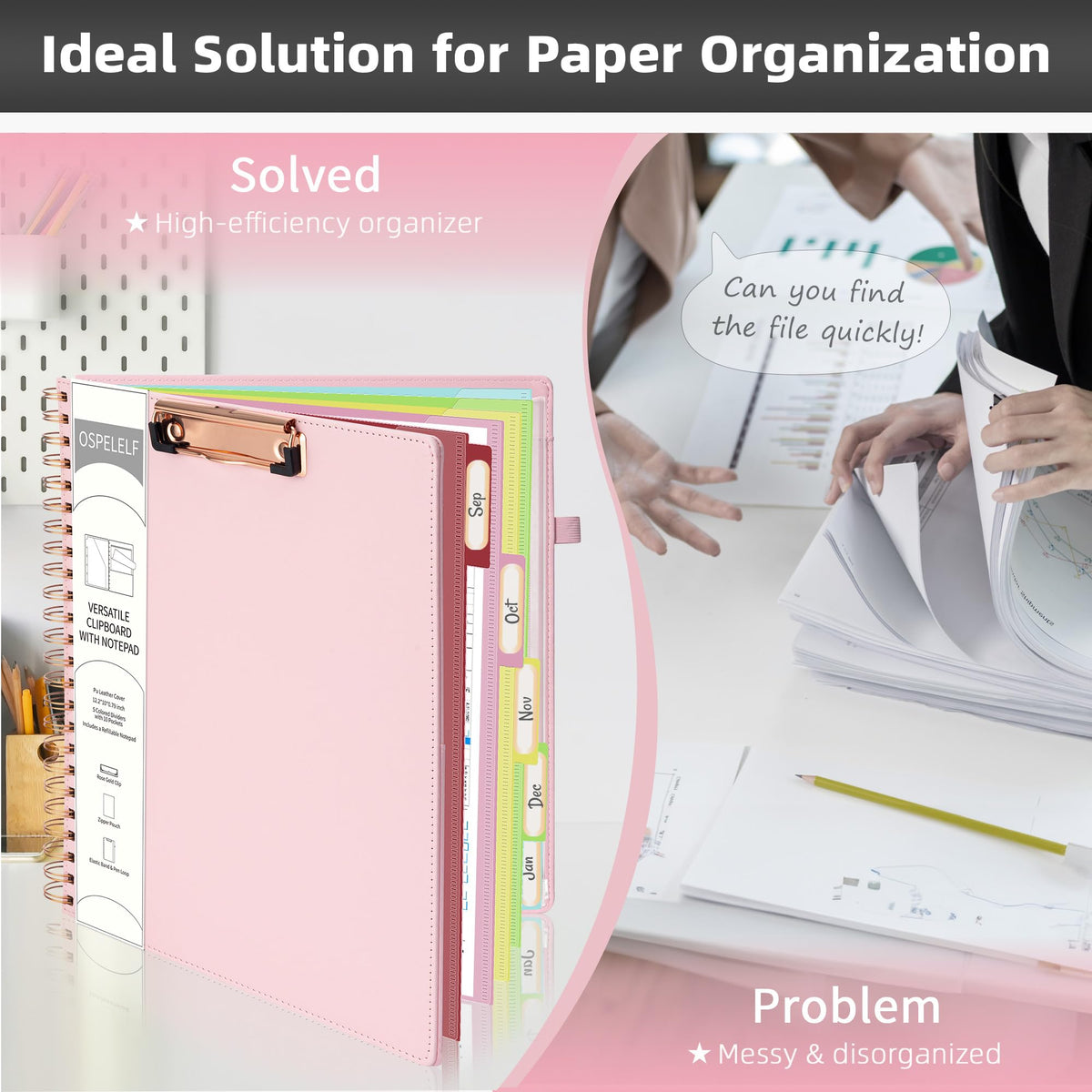 Ospelelf Leather Clipboard Folio with Notepad for Letter Size, Spiral Clipboard Folder with Storage Zipper Pouch, 5 Folders with 10 Pockets, 39 Divider Label Stickers, Pen Loop Series (Pink)