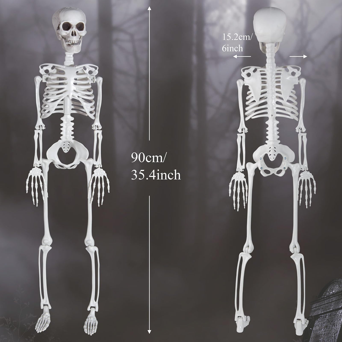 SUNREEK 3 ft Skeletons for Halloween, 36 inch Life Size Skeleton with Full Body Posable Joints, Halloween Plastic Skeleton for Outdoor Yard Patio Lawn Garden Haunted House Spooky Scene Decor (1)