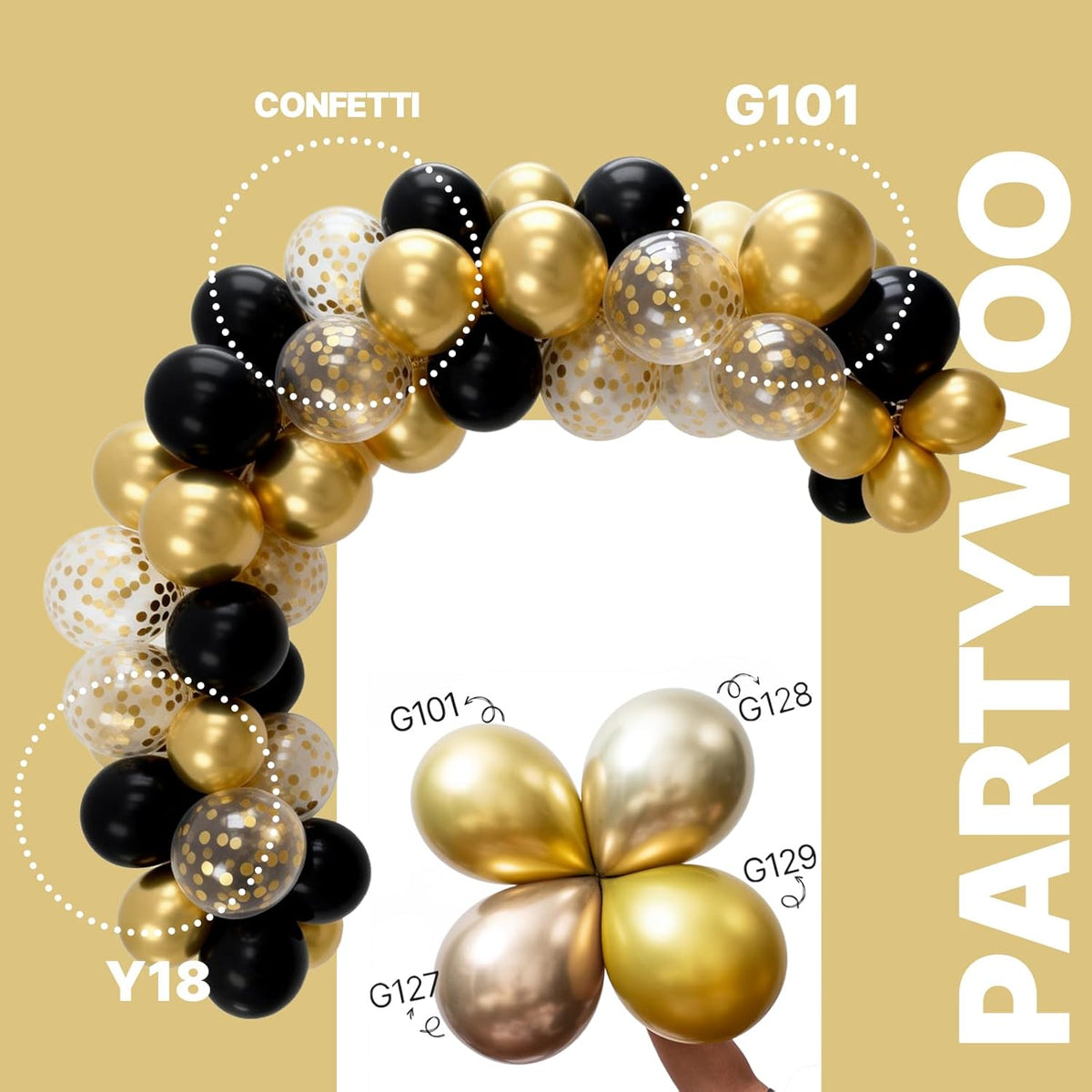 PartyWoo Gold and Black Balloons - 100pcs 12-Inch Metallic Balloons for Celebrations & Events