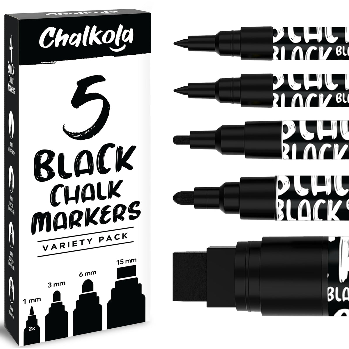 Chalkola 5 Black Liquid Chalk Markers for Blackboard, Chalkboard Signs, Car Windows, Glass - Washable Black Dry Erase Markers | Variety Pack - Fine & Jumbo Size Chalk Pen (1mm, 3mm, 6mm, 15mm)