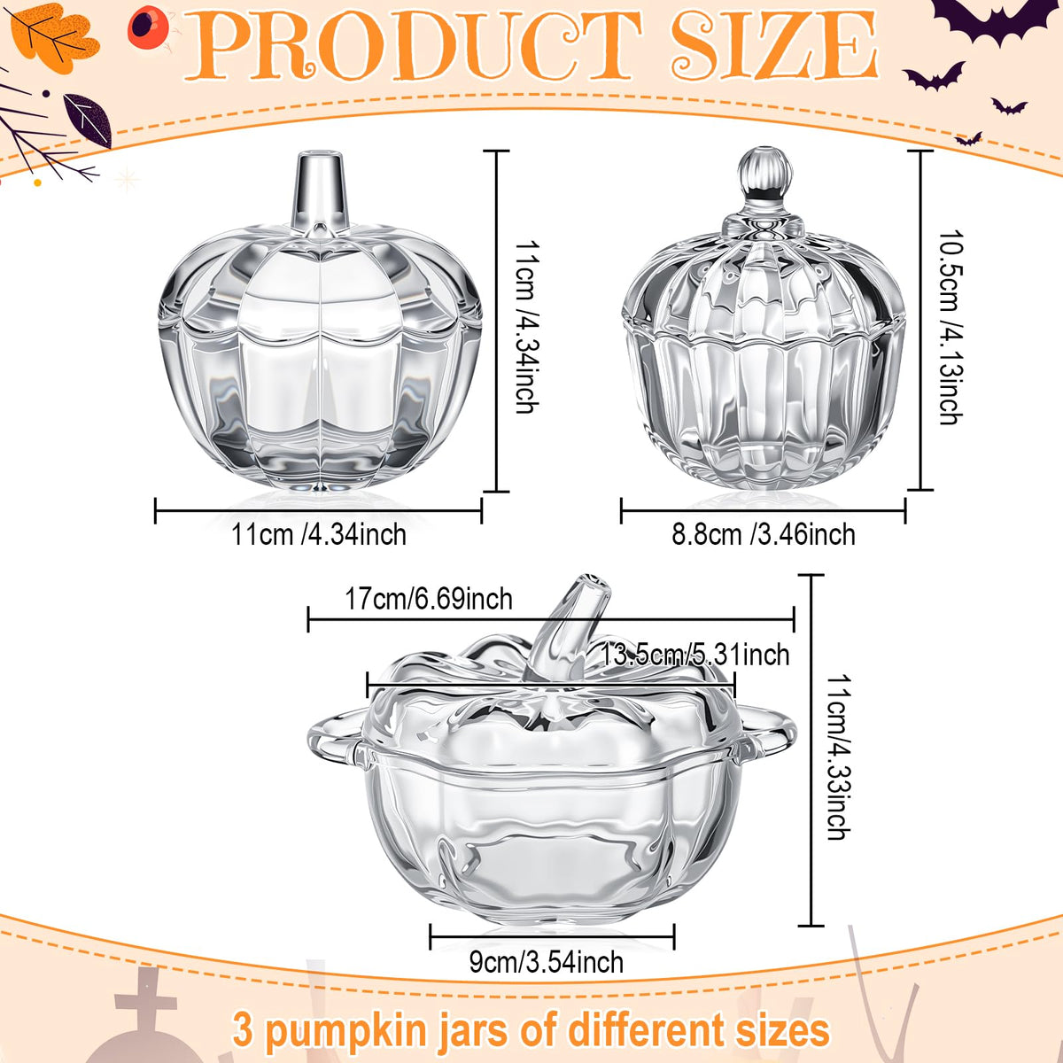 Mimorou 3 Pcs Glass Pumpkin Candy Jar Thanksgiving Clear Candy Bowl Storage with Lids 3 Sizes Fall Cute Snack Crystal Jars for Home Decoration Thanksgiving Centerpieces Wedding Party