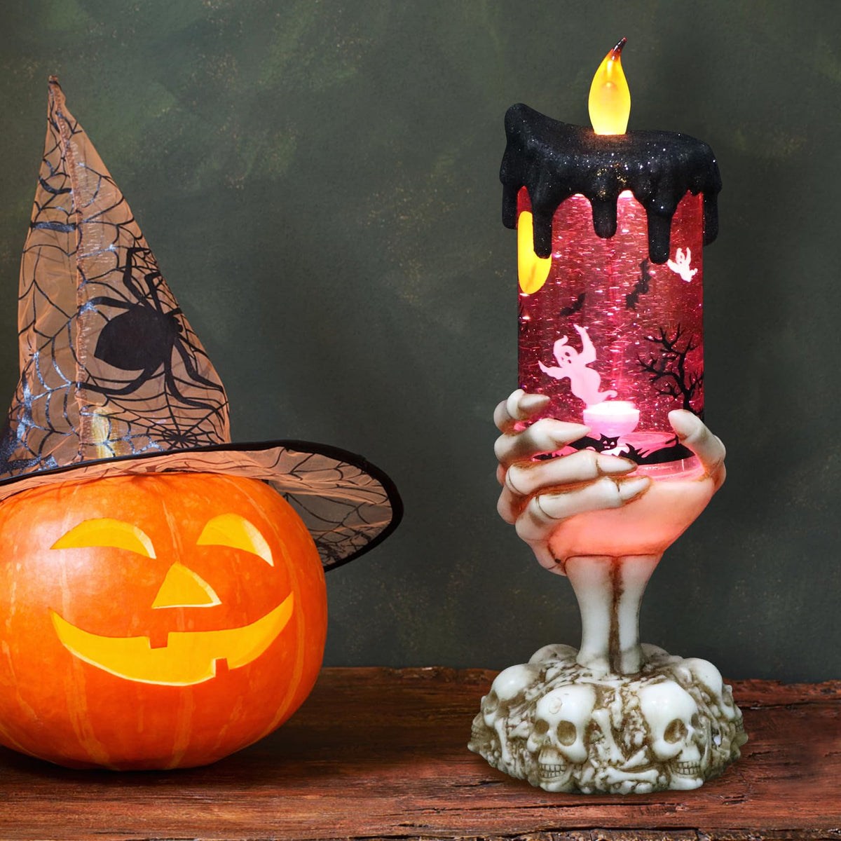 Eldnacele Halloween Snow Globe Candles Lighted Lamp USB Powered Battery Operated Spooky Spinning Water Glittering Tornado Flameless Candles Skeleton Hand Holder Halloween Centerpiece Decor(Ghost)