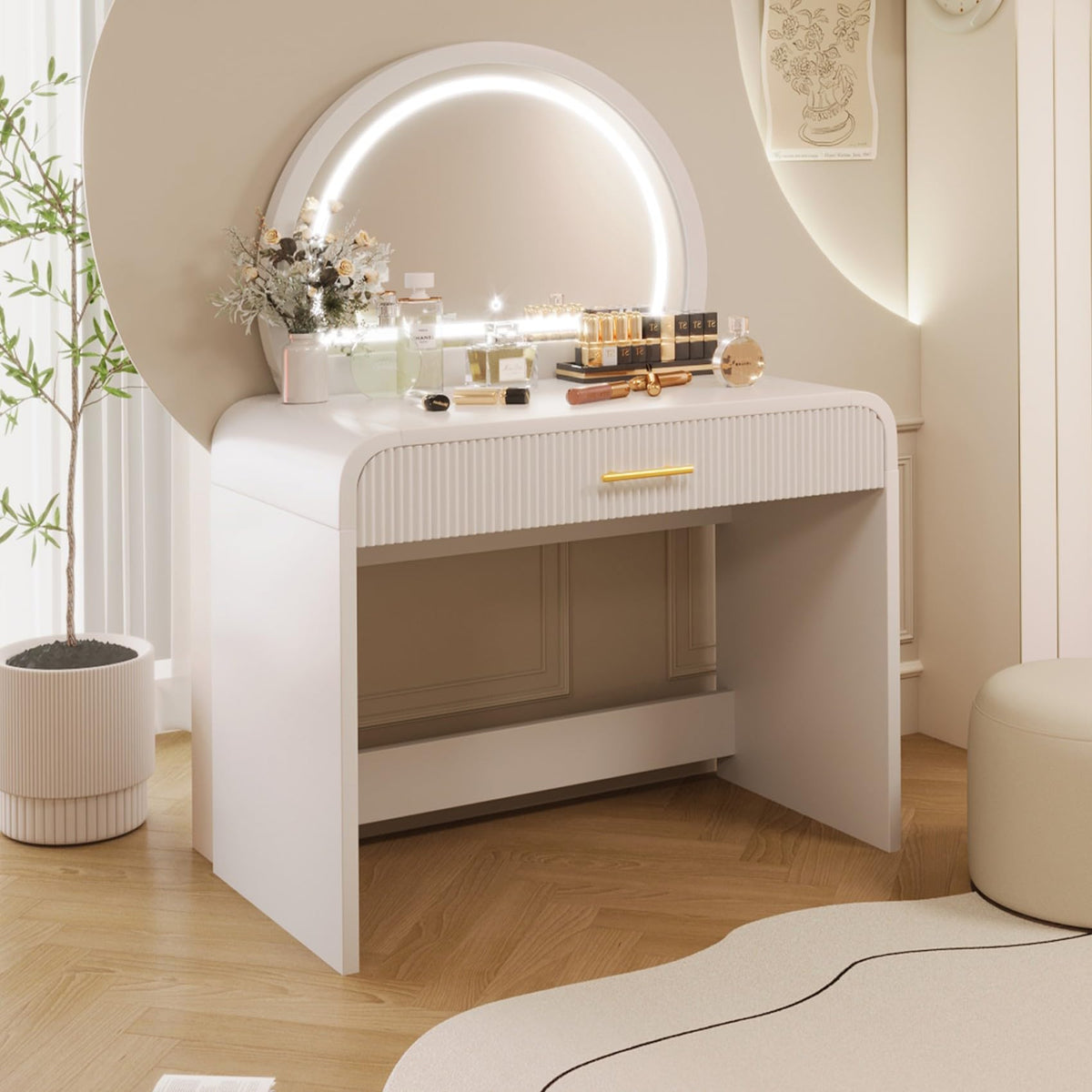 Merax 39" Make Up Vanity Desk with Touch Screen Lighted Mirror and Storage Drawer, Rubber Wood Girls Makeup Dresser Table for Bedroom, Dressing Room