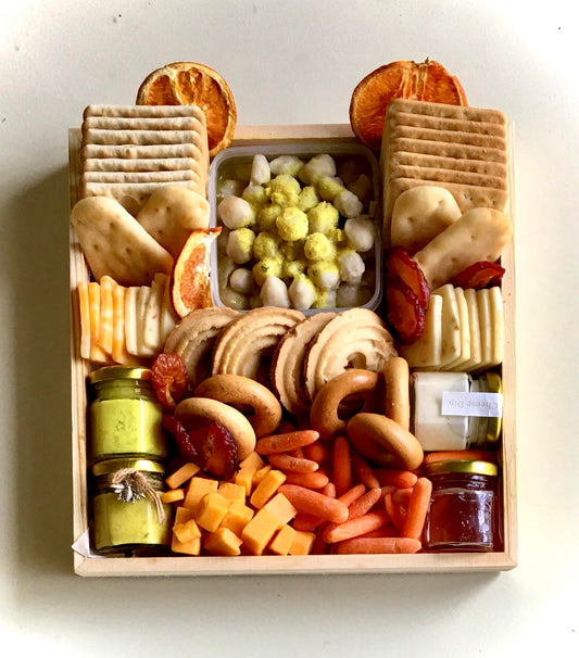 Vegetarian Charcuterie Board Fully Assorted with crackers, naan, cheddar cheese, and dips (Large Board 18x14)