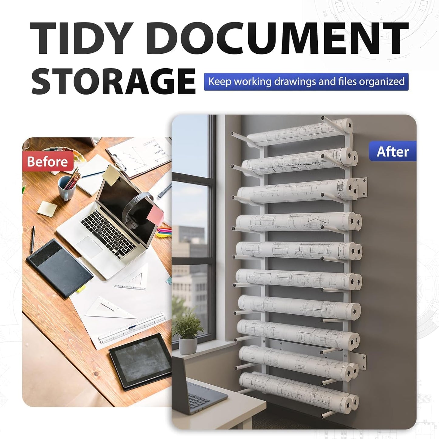 Skiennix Wall Mount Blueprint Storage Rack - Heavy Duty File Holder for Posters & Vinyl Rolls | 320 lbs Capacity