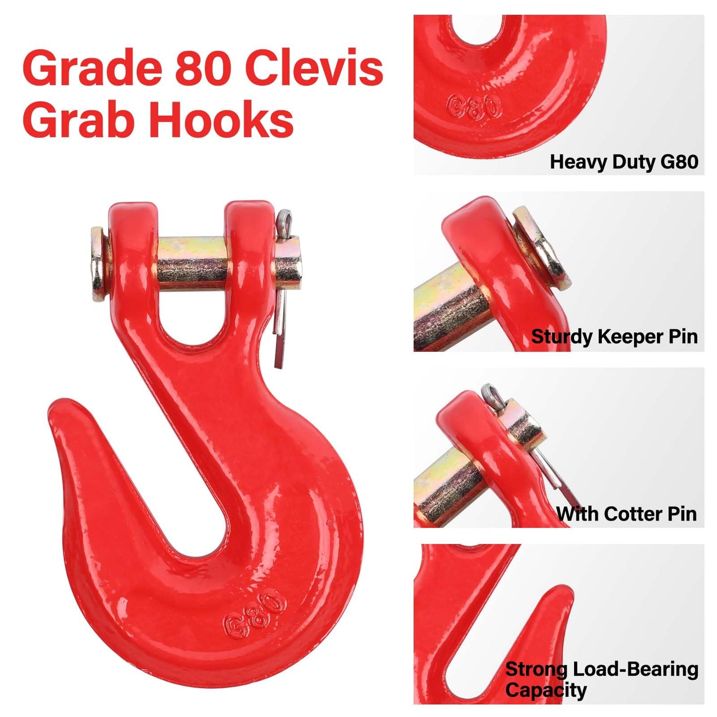 Lechansen 3/8'' G80 Chain Hook, 4 Pack Grade 80 Clevis Hooks Grab Hook, 7,100 Lbs Working Load Limit, Tow Hooks Heavy Duty for G80 Transport Chain and Binders, Trailer Truck - Red
