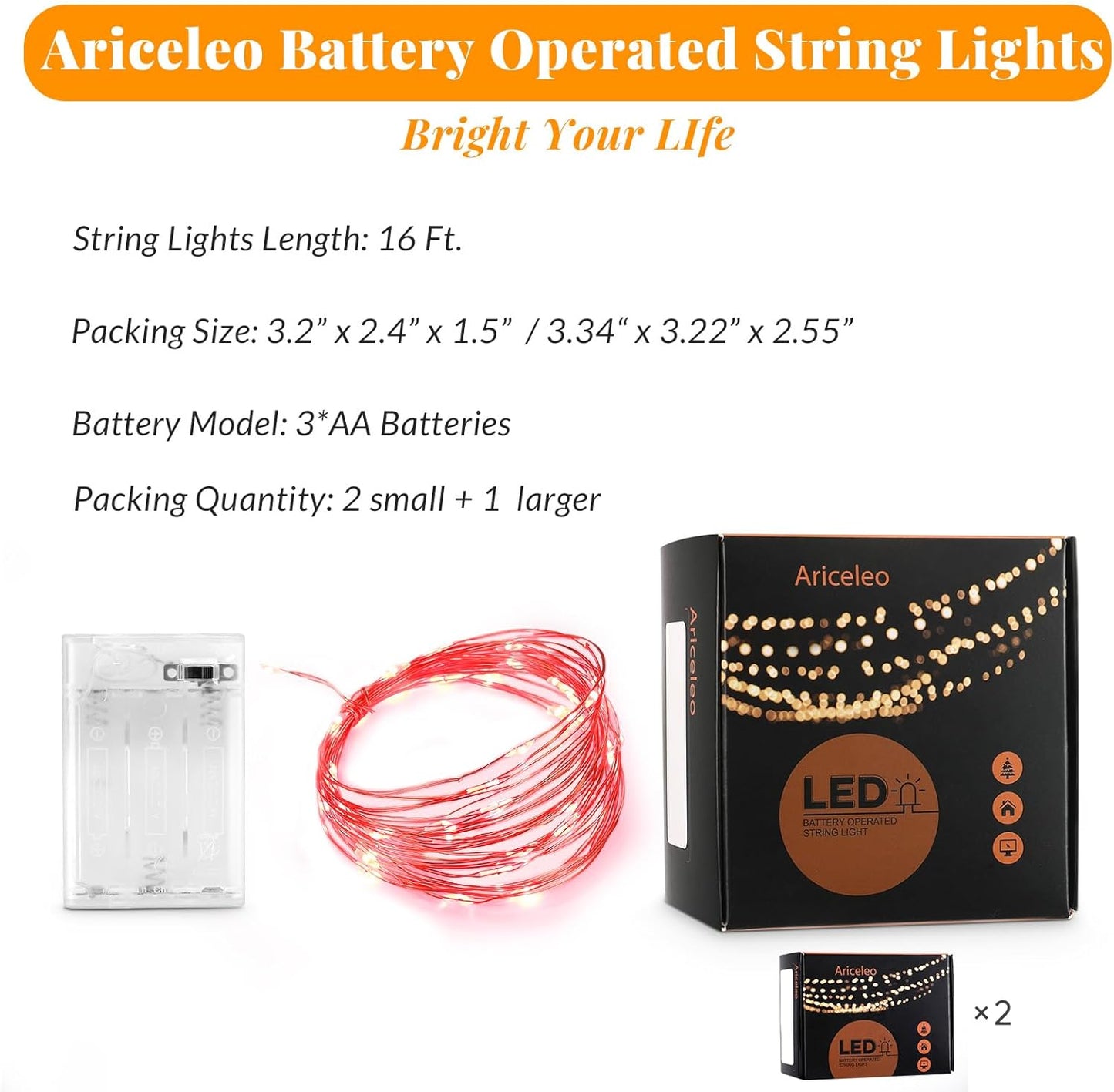 Ariceleo LED Fairy Lights - Battery Operated Copper Wire String Lights | 5m/16ft Red for Bedroom, Parties, Weddings