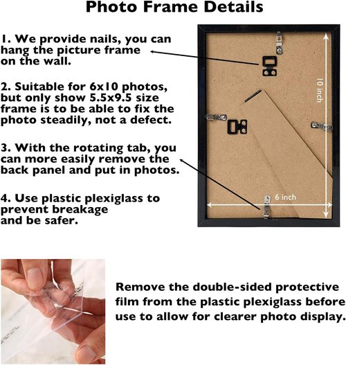 JCJMY 6x10 Picture Frame - Black Wall Mount or Tabletop Display with Shatter-Resistant Plexiglass