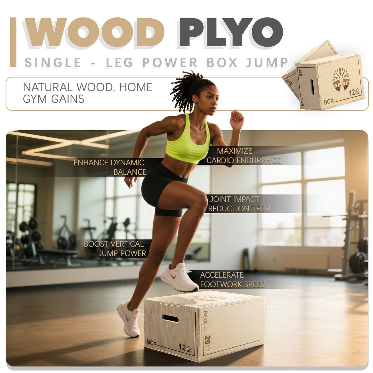 Plyo Box - 3-in-1 Wood Plyometric Jump Platform (16"x12"x8") for Home Gym Training - Ideal for Jumps, Squats & Conditioning-1 Piece