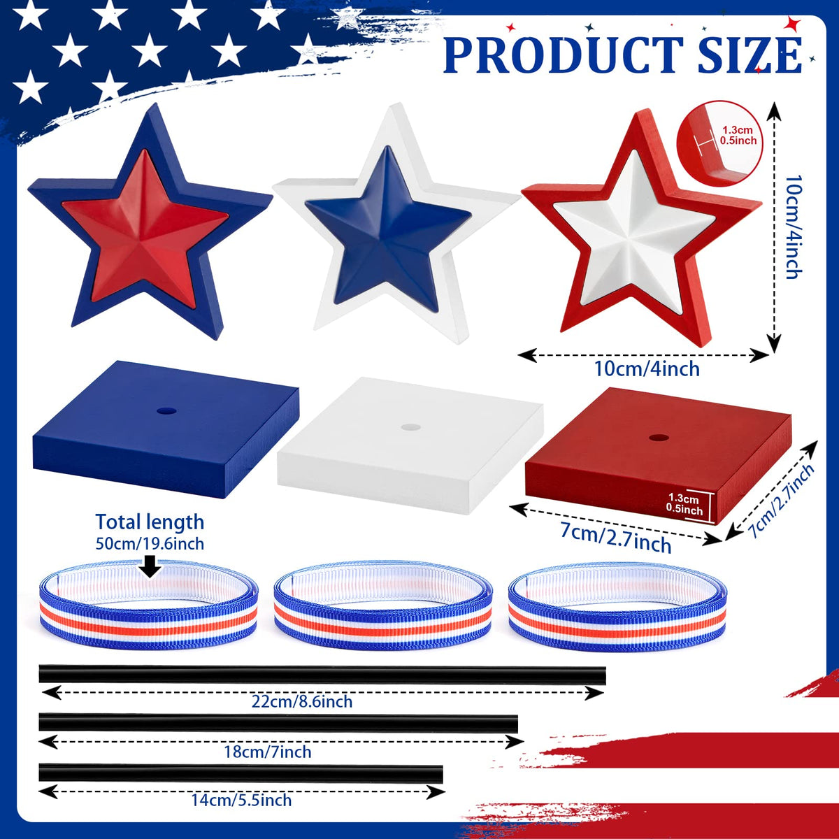 3 Pieces 4th of July Tiered Tray Decor Wood Star Set, Memorial Day Table Decorations, Rustic Patriotic Table Decorations, Red White and Blue Decorations for Home Tables(Classic)