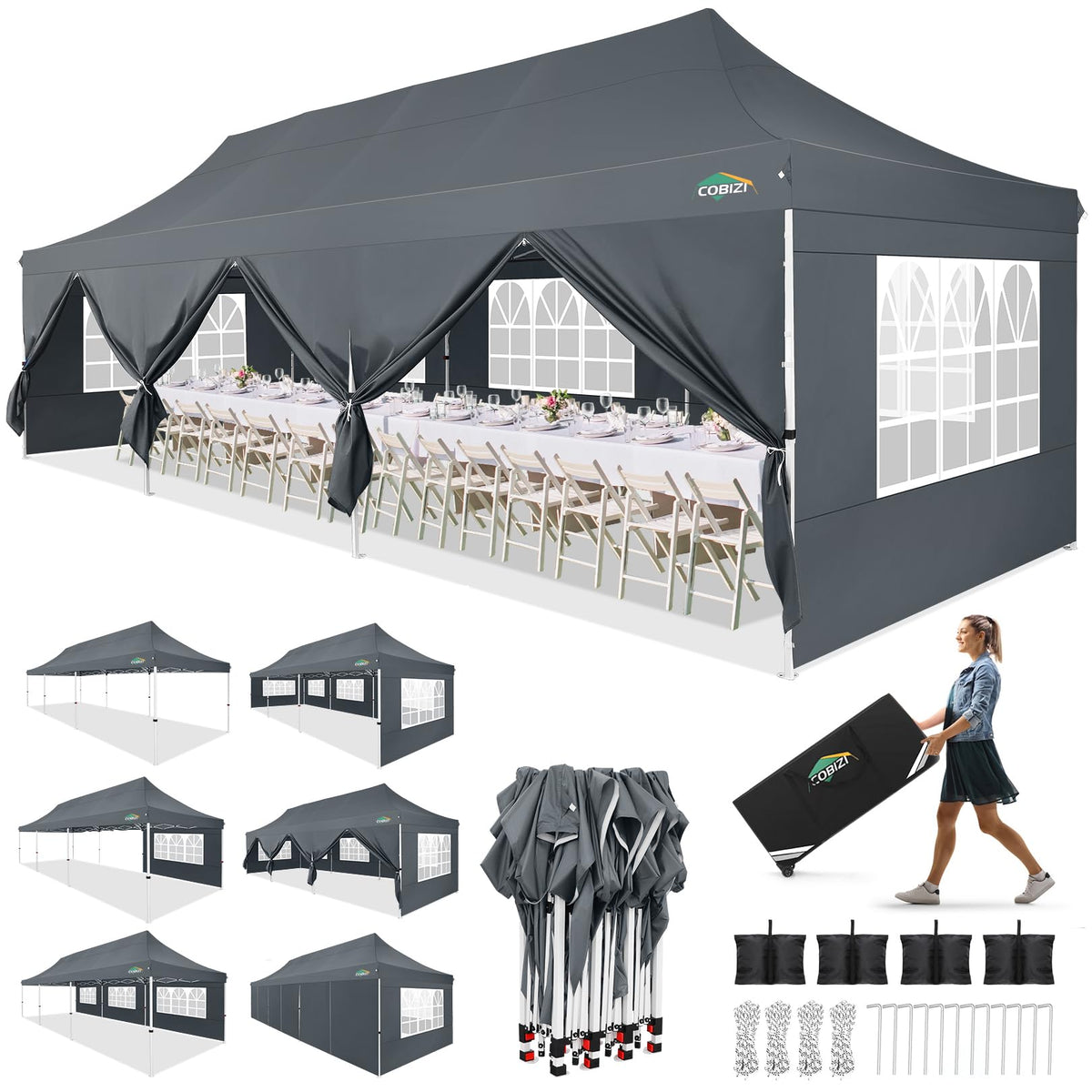 COBIZI 10x30 Pop up Canopy with Roller Bag & 8 Removable Sidewalls, Canopy Tent for Parties, Wedding, and Commercials, Waterproof and Instant Shelter UV50+ Outdoor Gazebo with 4 Sandbags(Gray)