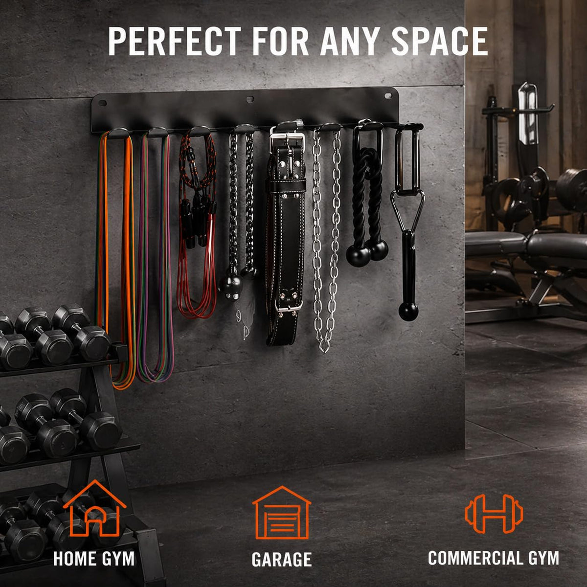 FizLig Gym Equipment Storage Rack - Multi-Purpose Home Gym Organization Storage Wall Mount for Resistance Bands, Jump Ropes, Lifting Belt, Chains, Barbells (16" / 8 Prongs)