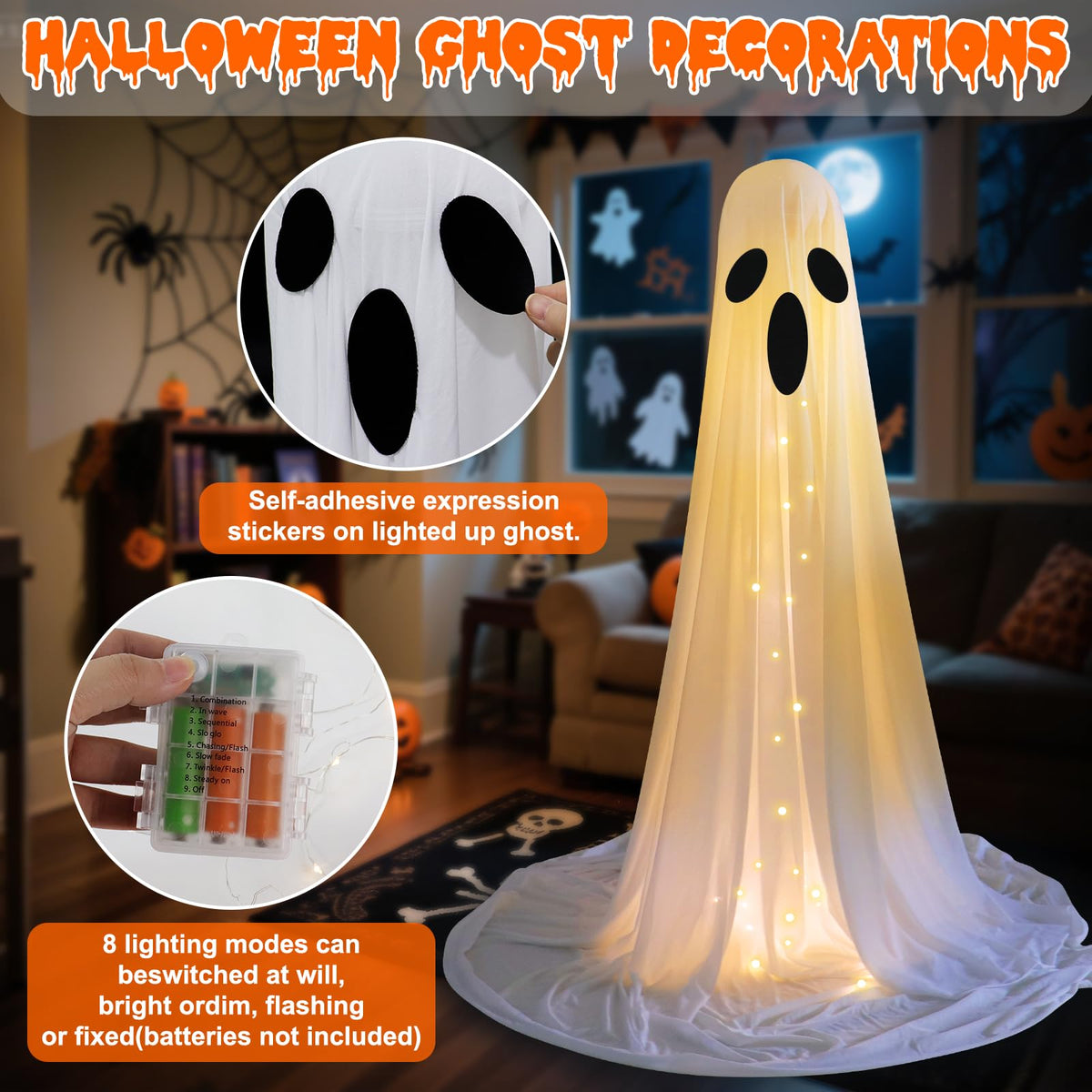 2PCS Halloween Ghosts Decorations Outdoor/Indoor, Large Adjustable Height Lighted White Cloth Ghosts with Adjustable String Lights Battery Operated Halloween Party Home Porch Yard Decorations