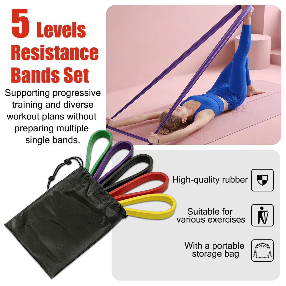 5 Levels Resistance Bands Set, Elastic Silicone Exercise Bands for Pull Up Assistance, Physical Therapy Stretching Training, Home Gym for Women Men