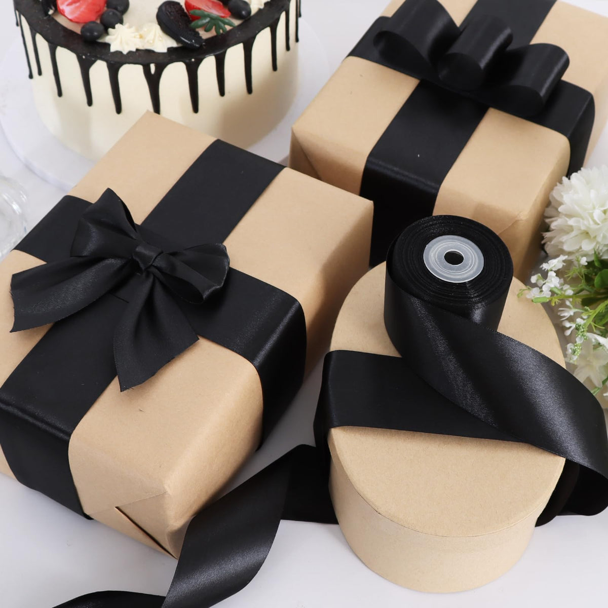 TONIFUL 1-1/2 Inch (40mm) x 100 Yards Black Wide Satin Ribbon Solid Fabric Ribbon for Gift Wrapping Chair Sash Valentine's Day Wedding Birthday Party Decoration Halloween Craft Sewing