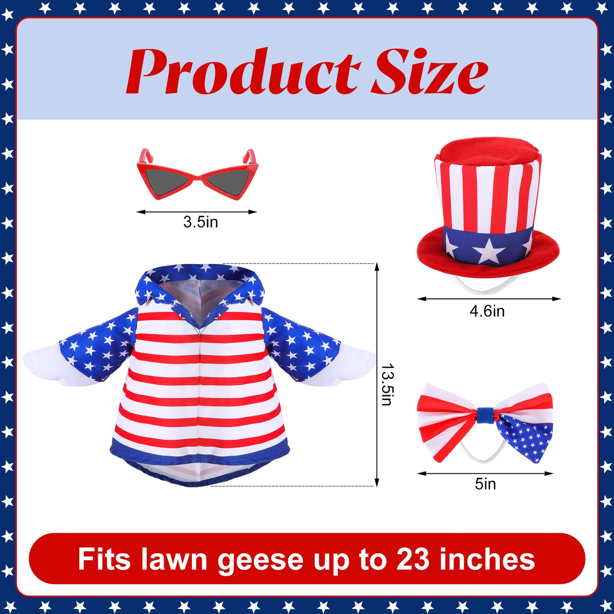 4 Pcs/Set 4th of July Porch Goose Outfit, 23" High Lawn Goose Statue Patriotic Costume Clothing, Independence Day Porch Garden Geese Clothes with Hat Glasses Bow Tie for Outdoor Patio Yard Decoration