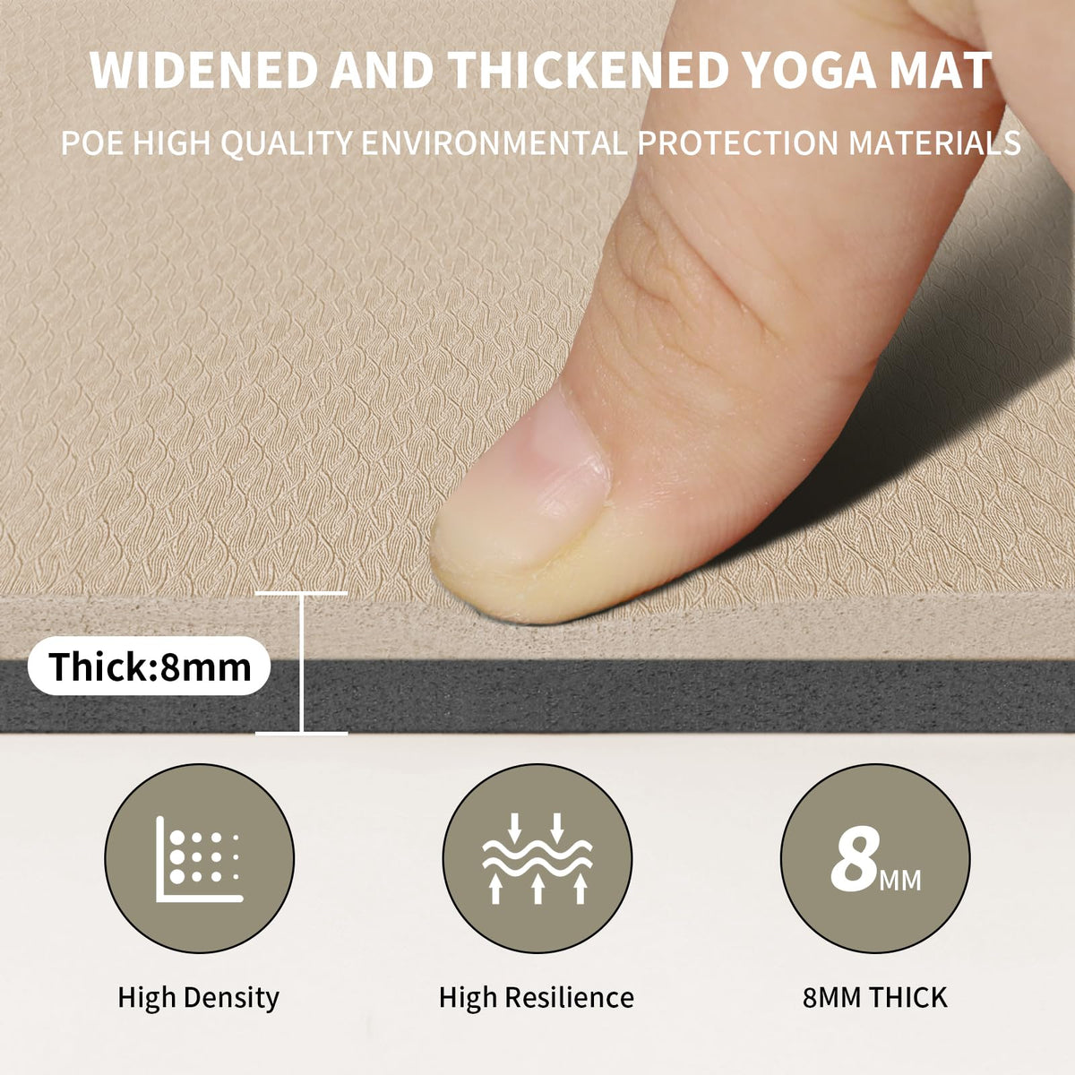 8mm Large Yoga Mat (6'x 4') - Extra Long and Wide 72 x 48 x 0.32 inches, Non-Slip POE Fitness Mat, Eco-Friendly, Thick Wide Exercise Mat for Home Workouts,Ideal for Yoga and Pilates. (Beige+Black)