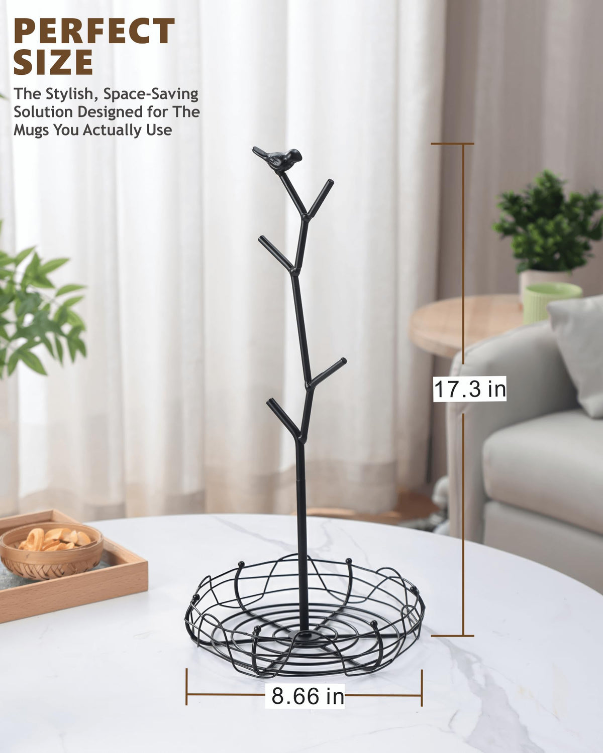 Ouseen Coffee Mug Holder for Countertop, Mug Tree with Bird's Nest Storage Basket, Holds 4 Large Mugs (20oz Compatible), Whimsical Kitchen Decor, Coffee Bar Accessories (Black)