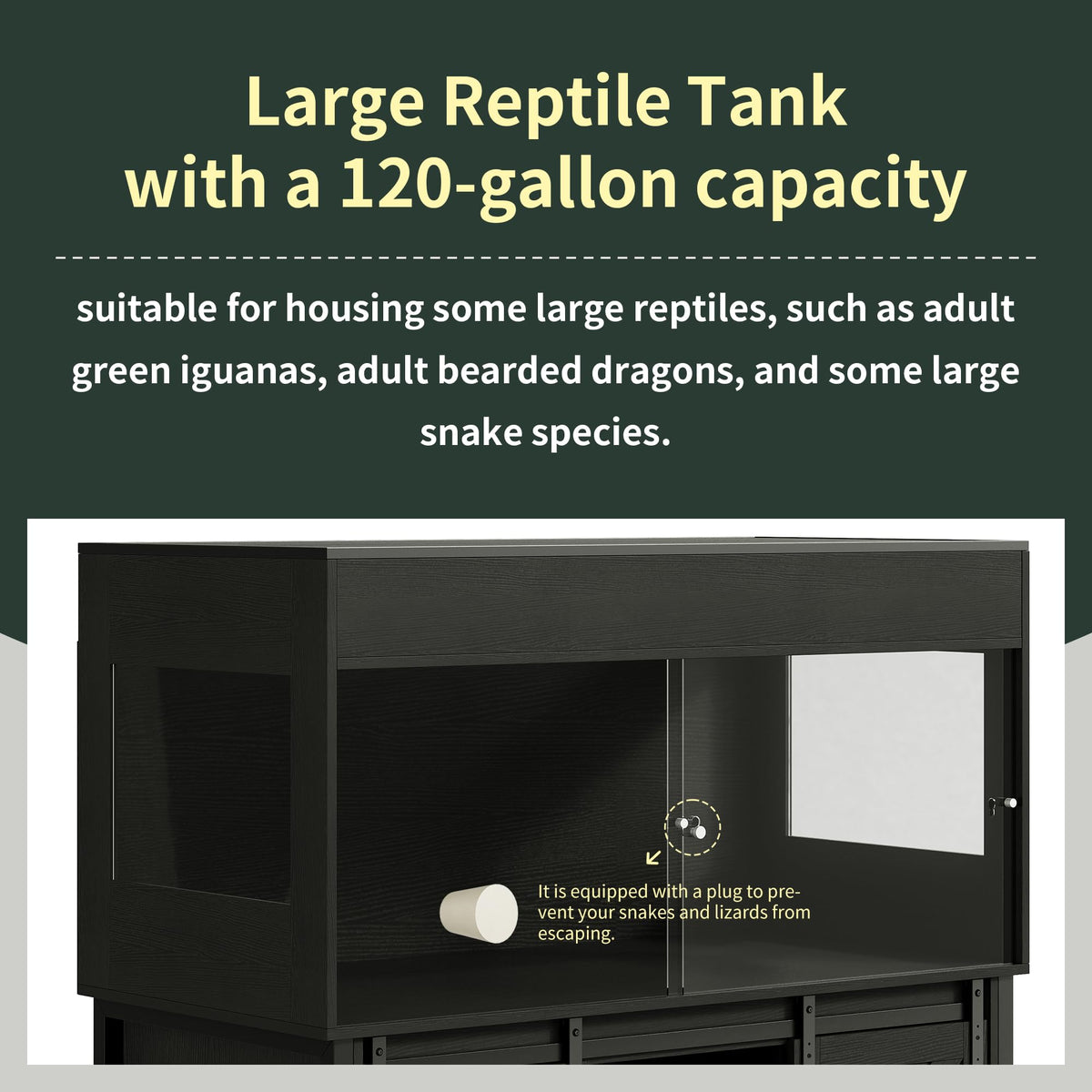 Herture 120 Gallon Reptile Terrarium with Stand, 4x2x2 Bearded Dragon Enclosure for Snakes Lizards, Large Vivarium Tank with Storage Cabinet, Acrylic Doors, Mesh Lid, Power Outlet Black PX04RTBB