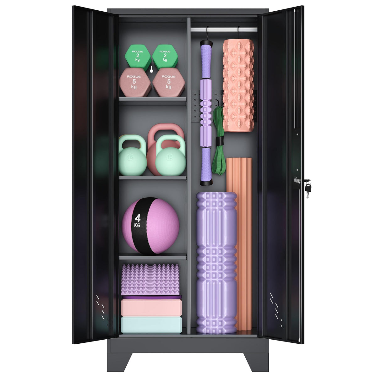 VASAAOSD 61IN Home Gym Storage Cabinet for Kettlebells, Yoga Mat and Balls, Workout Equipment Storage Organizer with Lock Doors, Dumbbell Rack Cabinet, Weight Rack for Dumbbells