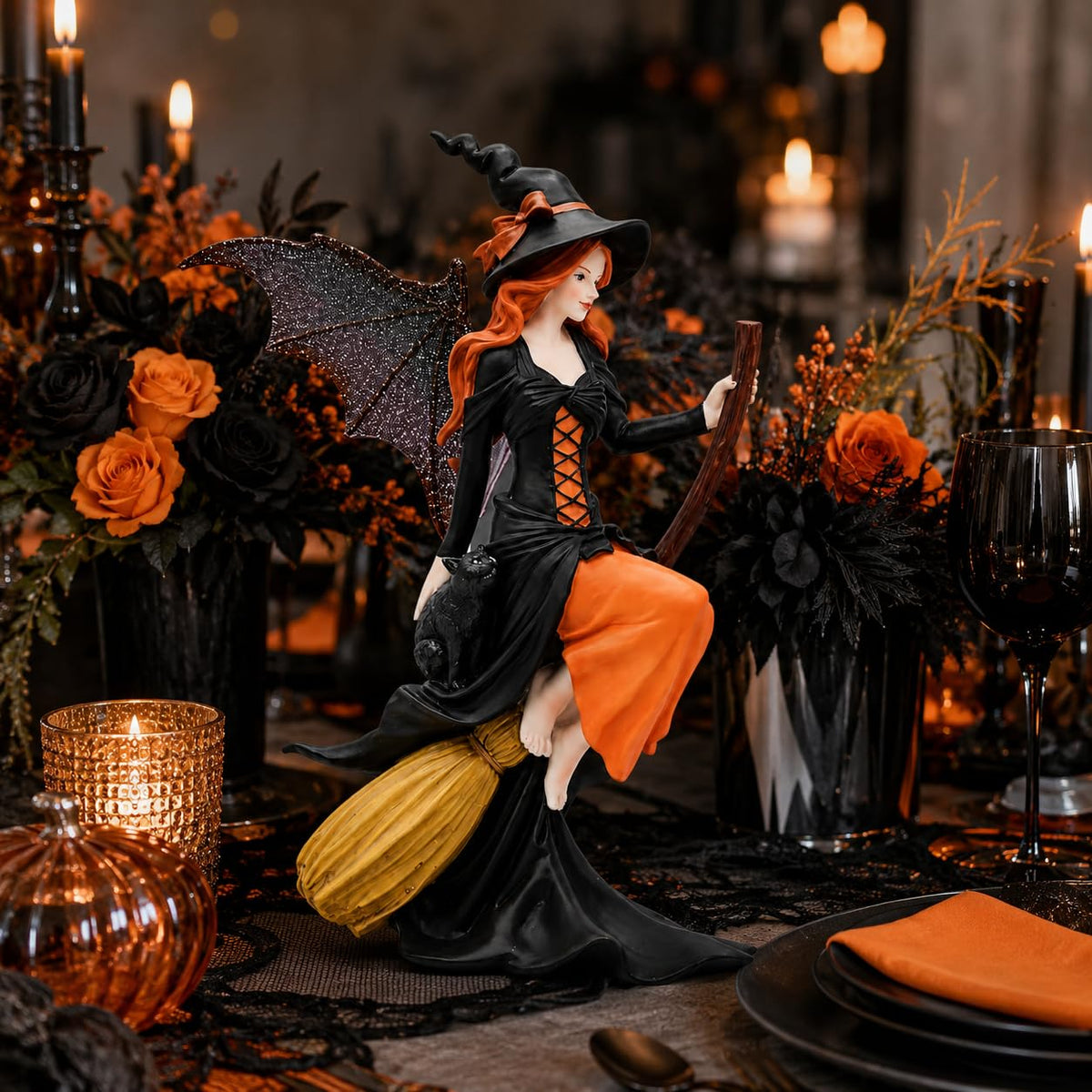 Comfy Hour 8" Gothic Fairy Witch Figurine on Broom, Fantasy Sorceress Statue with Mystical Wings, Spooky Halloween Indoor Decor Accent, Polyresin Artisan Crafted Sculpture, 1 Unit