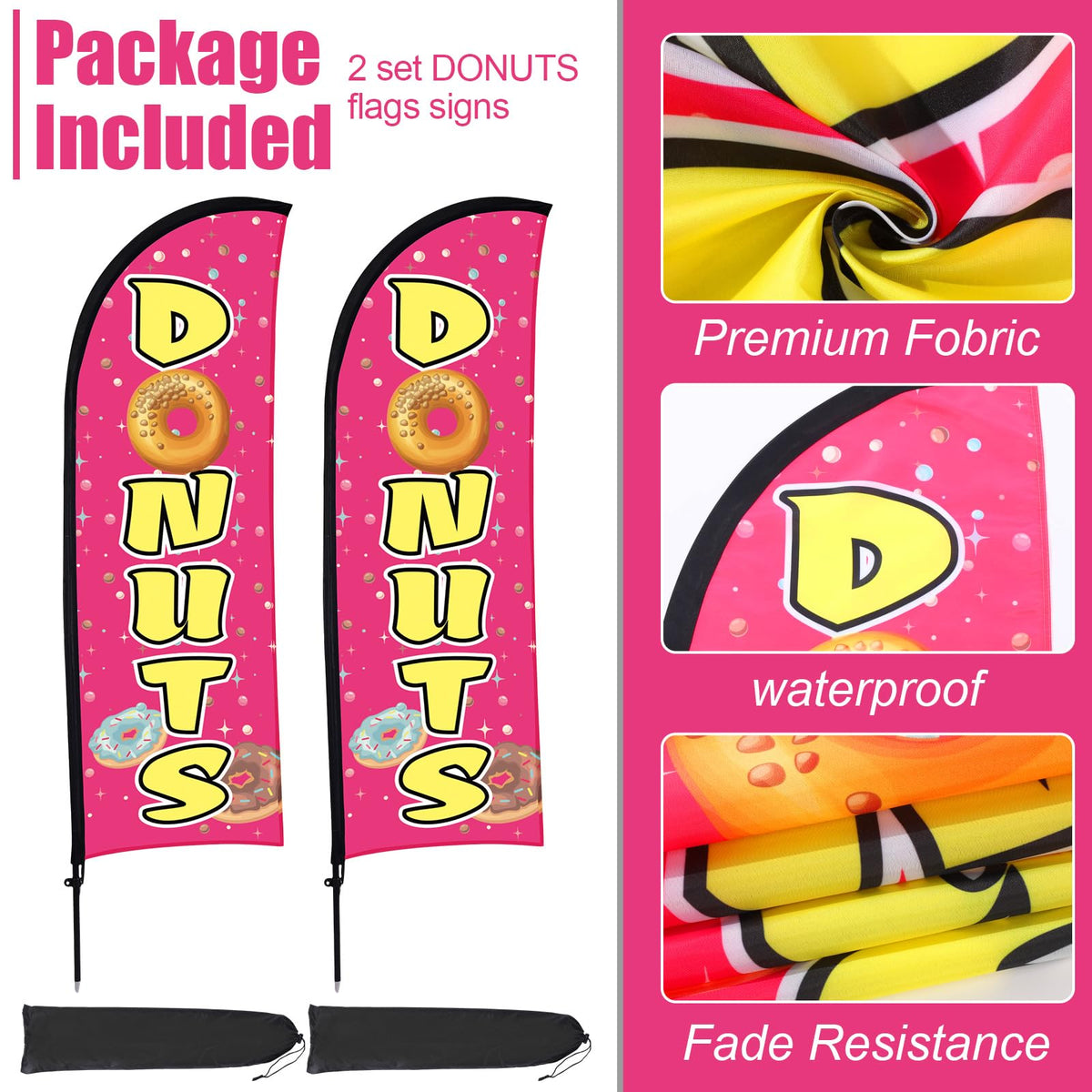 Buryeah 2 Sets Donuts Feather Flag Pole Kit 7 ft Donuts Advertising Flag Sign Banner with Flagpole Ground Stake Portable Bag for Diner Restaurant Business Outdoor Advertising