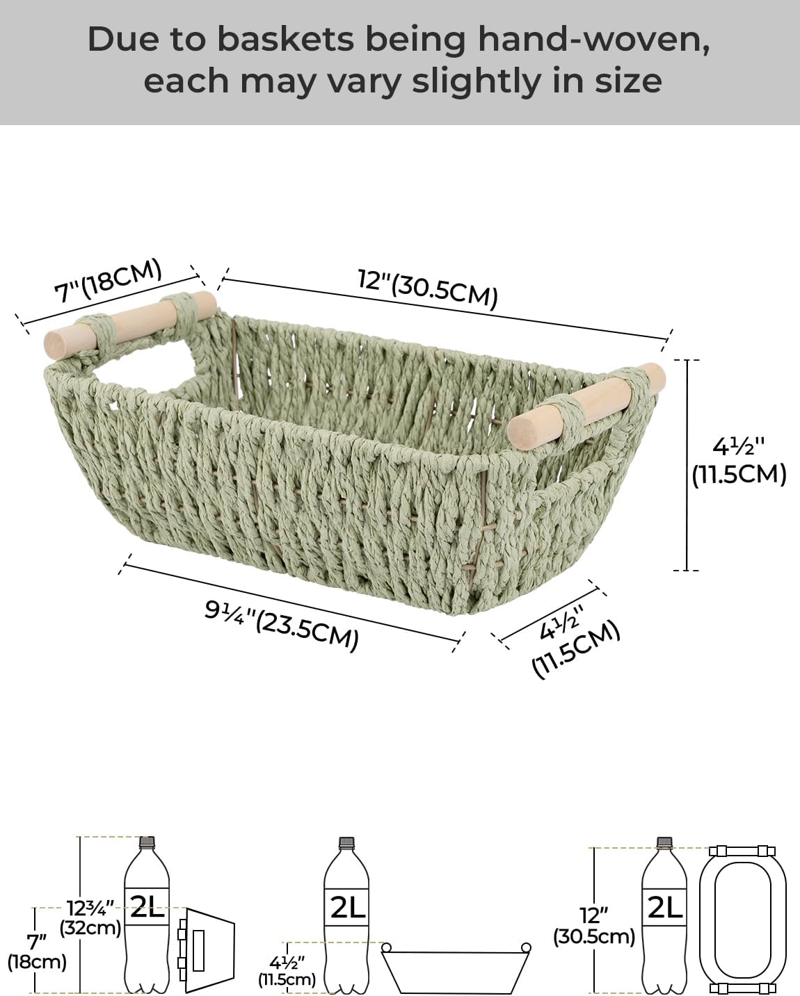 StorageWorks Round Woven Basket - Paper Rope with Wooden Handles | Bosana Green, 2-Pack for Gifts & Storage