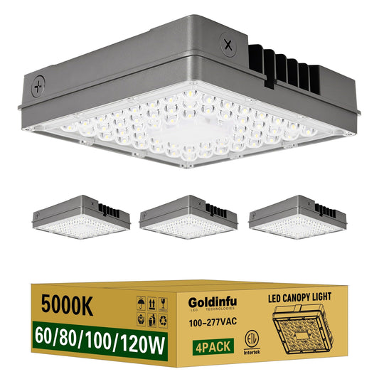 120W LED Canopy Light 4Packs, 60/80/100/120W Selectable, 5000K 18000LM Commercial LED Canopy Lights Outdoor IP65 Waterproof for Garage Shop Gas Station Carport Warehouse, DIM, 100-277VAC, ETL Listed