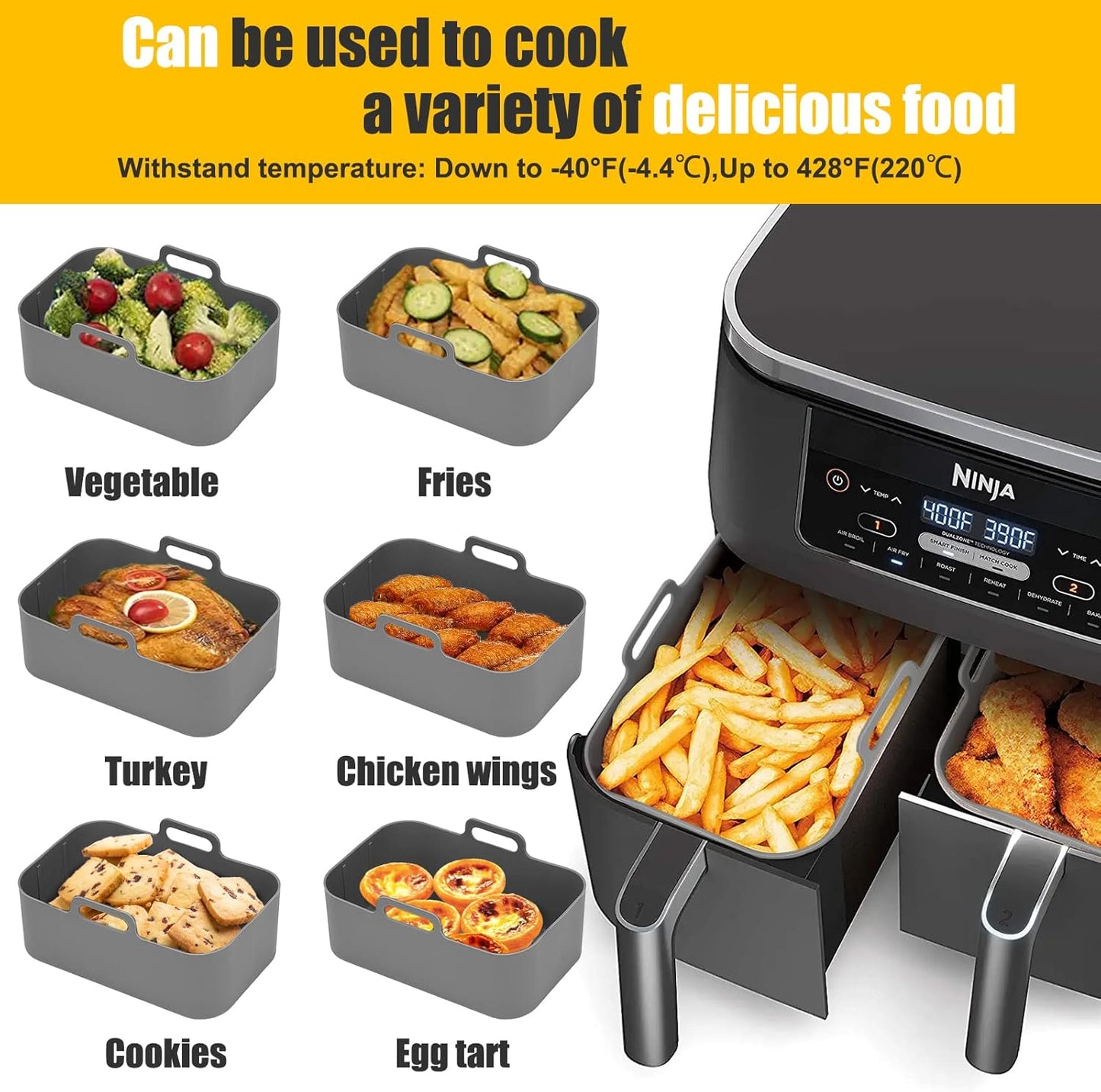 Skiennix Air Fryer Silicone Liners - Non-Stick & Easy to Clean | 2 Pcs | Gray for Ninja Foodi 8QT & 6QT