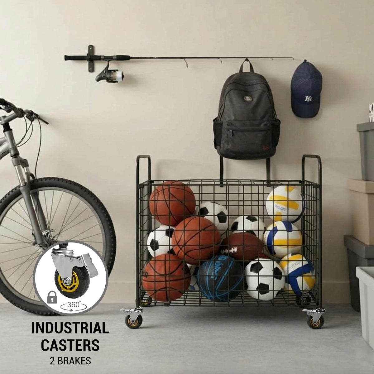 MyGift Ball Storage, Basketball Holder, Professional Gym Metal Multi Sports Ball Cart with Jumbo Industrial Wheels, Commercial Grade Portable Equipment Locker Cage for Football, Soccer, Volleyball