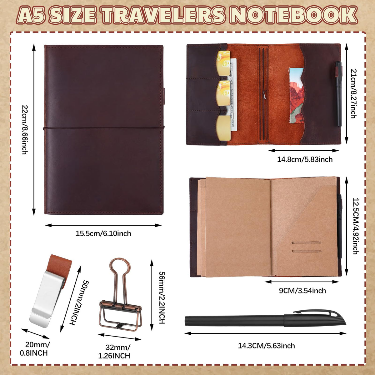 Eaasty Leather A5 Travelers Journal Notebook Cover with Inner Pockets, Card Slots and Pen Holder, Travelers Journal Inserts, PVC Folder, Binder Clip and Elastic Bands for Women Men (Brown)