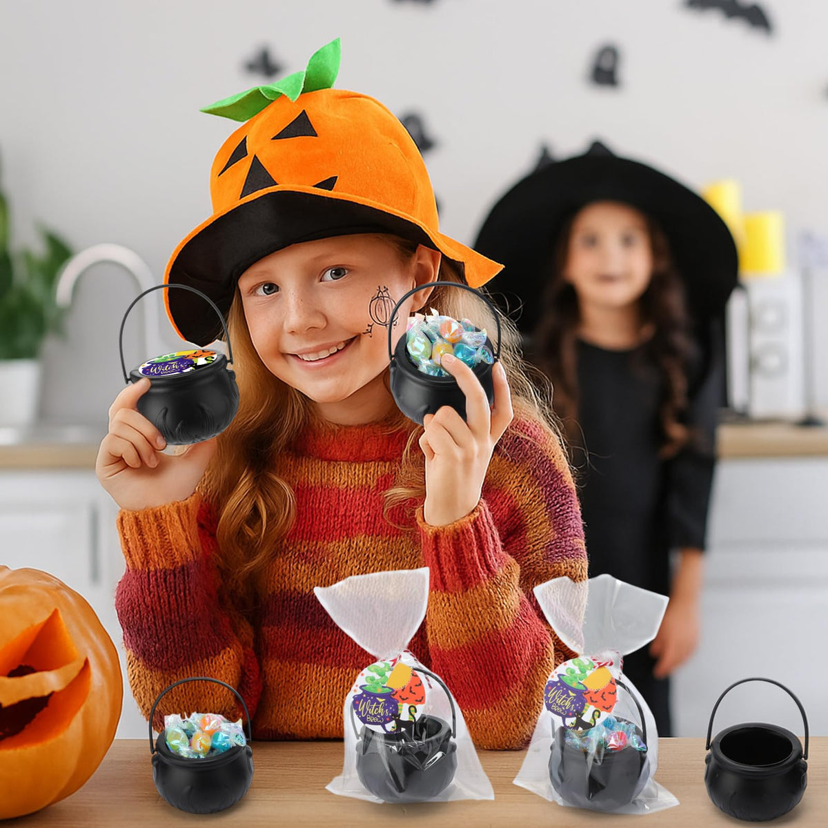 Roowest 24 Sets Halloween Party Favors, Halloween Mini Cauldrons Card Opp Bags Goodie Bag Fillers Gifts Party Supplies Non Candy Trick or Treat for Rewards